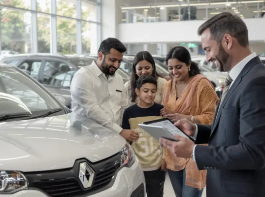 Os 5 carros mais baratos de se manter em 2025 Família em concessionária, olhando tablet com custos de revisão de carro econômico.