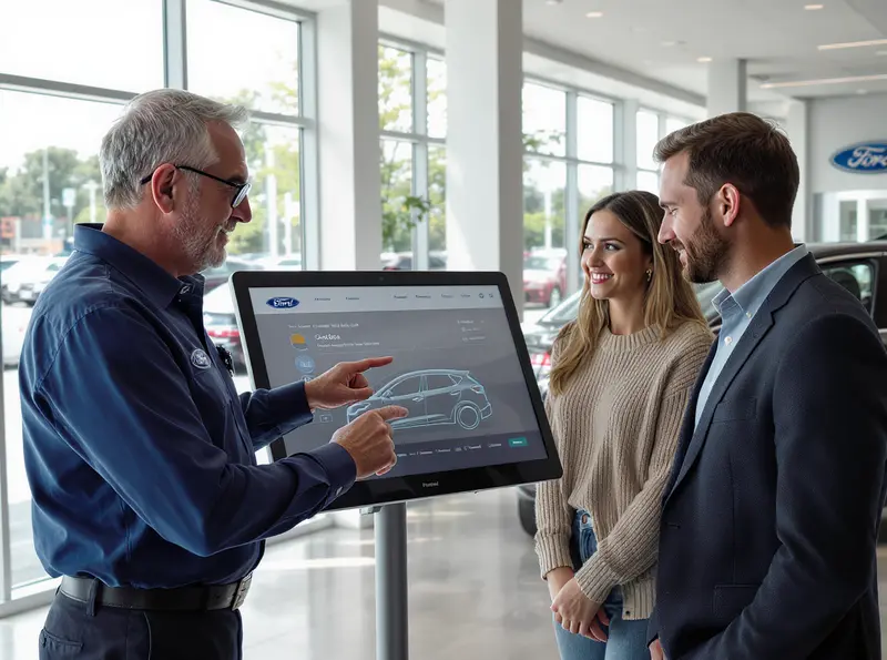 Um vendedor da Ford mostra um carro elétrico compacto em uma tela para um casal em uma concessionária.