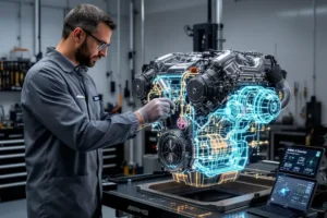 Um engenheiro da Mercedes-AMG em laboratório examinando o motor V8 híbrido da AMG.
