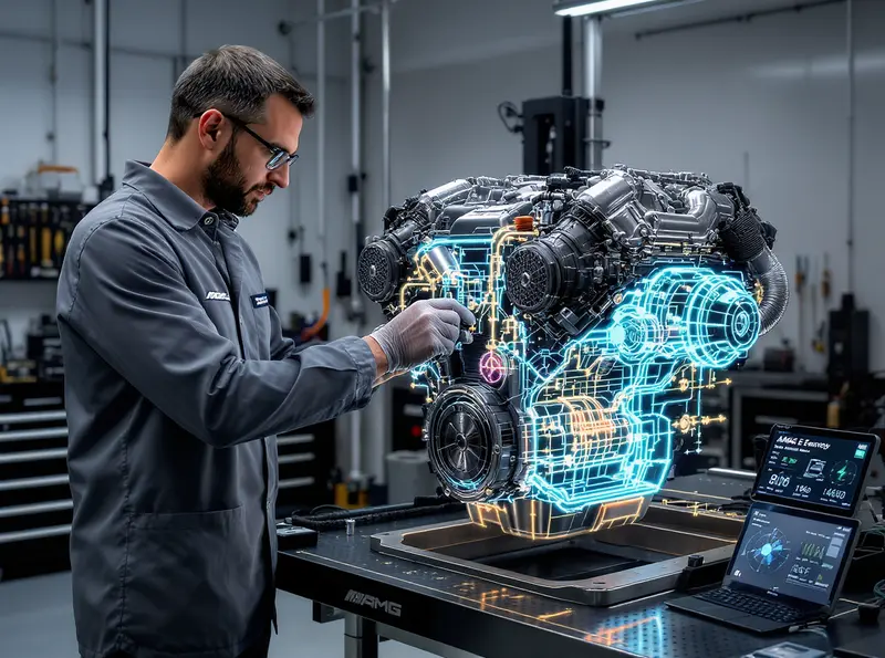 Mercedes apresenta motor V8 mais potente da história da marca Um engenheiro da Mercedes-AMG em laboratório examinando o motor V8 híbrido da AMG.