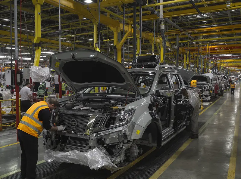 Nissan Frontier sairá de linha em duas fábricas: o futuro da picape Trabalhadores em uma fábrica de automóveis inspecionando uma Nissan Frontier, com a linha de montagem em processo de desativação.