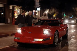 Amigos de meia-idade admirando um Corvette C4 vermelho com faróis escamoteáveis, à noite.