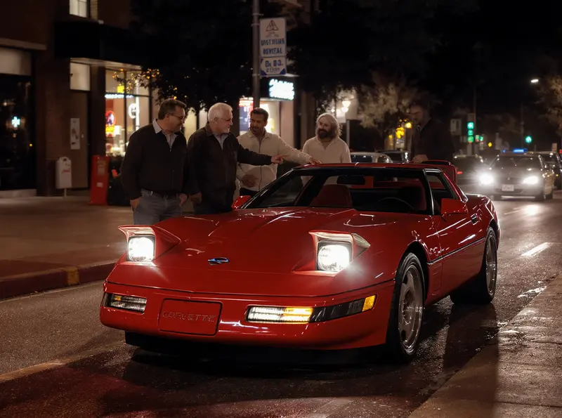 Faróis escamoteáveis: por que sumiram dos carros? Amigos de meia-idade admirando um Corvette C4 vermelho com faróis escamoteáveis, à noite.