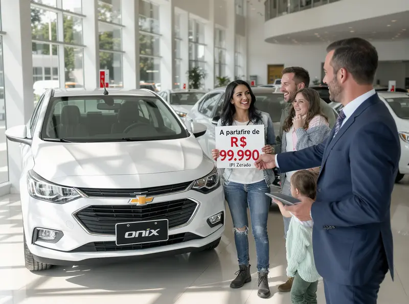 Chevrolet Onix e Onix Plus 2026 estreiam com isenção de IPI a partir de R$ 99.990 Família contente em concessionária Chevrolet, admirando um Onix 2026 branco e a placa de 'IPI Zerado', indicando economia.