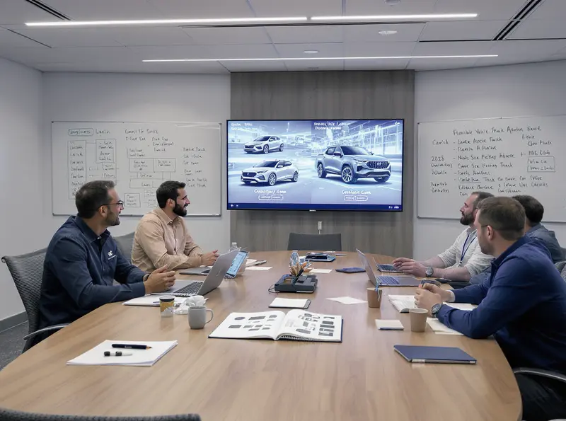 Profissionais da Hyundai e GM discutindo projetos de veículos em uma sala de reunião moderna.