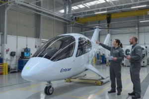 Embraer confirma data do primeiro voo do táxi aéreo eVTOL Engenheiros observam o protótipo do eVTOL em hangar, luz natural iluminando a aeronave.