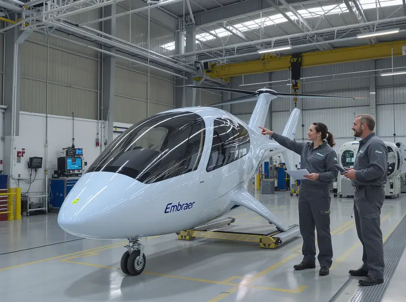Engenheiros observam o protótipo do eVTOL em hangar, luz natural iluminando a aeronave.