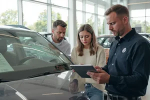VW anuncia reajuste de preços em versões do Nivus, T-Cross e Virtus em 2025 Casal de classe média olhando com preocupação para o vendedor de carros Volkswagen, em frente a um T-Cross.