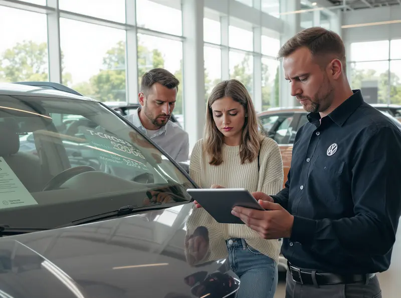 Casal de classe média olhando com preocupação para o vendedor de carros Volkswagen, em frente a um T-Cross.