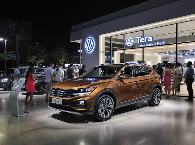 Volkswagen Tera em showroom argentino, com pessoas observando e ambiente iluminado.