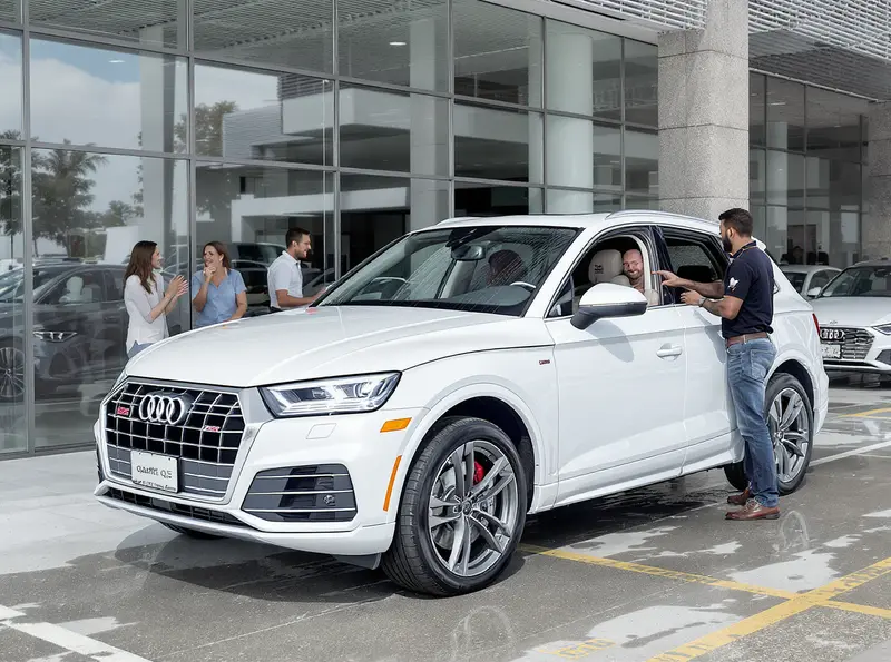 Novo Audi Q5 2025 inicia pré-venda no Brasil com motor 2.0 turbo de 272 cv Casais animados observando um Audi Q5 2025 branco perolado em uma concessionária Audi.