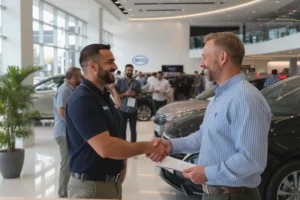 Cliente feliz e vendedor apertando as mãos em concessionária da BYD com modelos de carros visíveis.