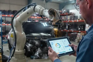 Desmanche usa inteligência artificial para avaliar carro Robô com IA inspecionando carro em desmanche tecnológico. Tablet com diagnóstico. Operador humano presente.