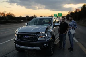 Ford Ranger V6 prateada 2024 avariada no acostamento de uma rodovia ao entardecer, com um casal expressando frustração, o painel com a luz do motor acesa.