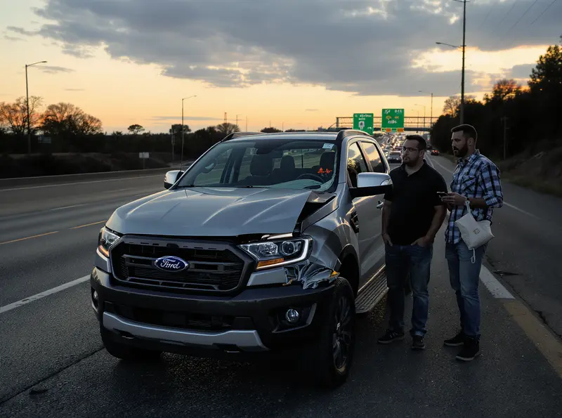 Ford Ranger V6 prateada 2024 avariada no acostamento de uma rodovia ao entardecer, com um casal expressando frustração, o painel com a luz do motor acesa.