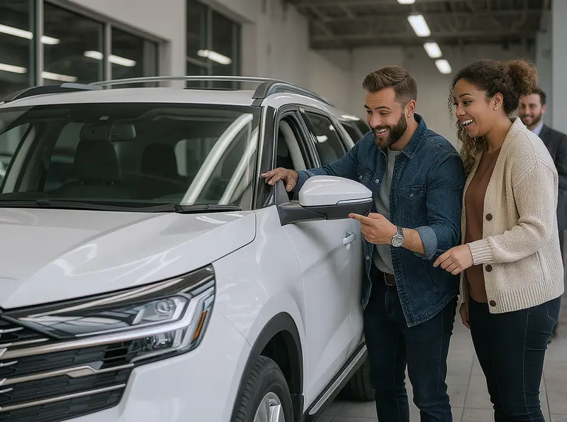 Ford Territory 2021 despenca no mercado e vira opção de baixo custo entre SUVs Casal inspecionando um Ford Territory branco em uma concessionária de carros usados com um vendedor sorrindo ao fundo.