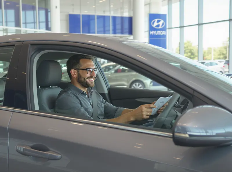 Homem sentado no interior de um Hyundai HB20 automático, sorrindo e segurando folheto.