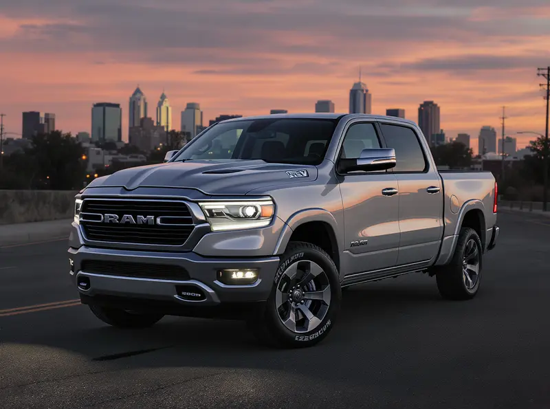 Ram Cancela Picape Elétrica 1500 REV e Renomeia Híbrido Ramcharger Picape Ram 1500 REV híbrida prateada estacionada em uma rua molhada de uma cidade ao entardecer, com edifícios ao fundo. A luz suave do pôr do sol realça o design do veículo.