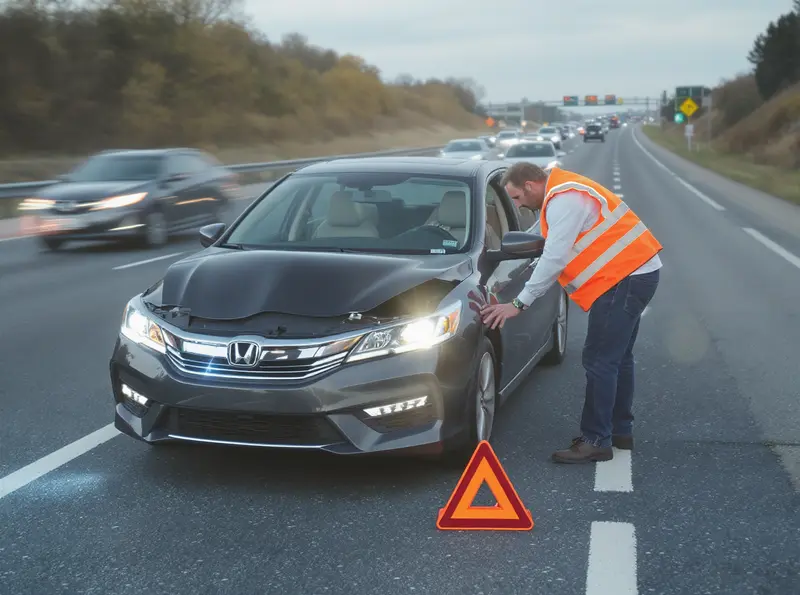 Acostamento: como usar corretamente e evitar multas Homem com colete refletivo sinaliza carro parado no acostamento de uma rodovia movimentada, devido a pane.