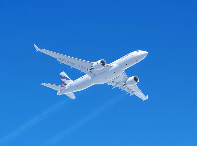 Um avião a jato branco cria duas trilhas de condensação grossas em um céu azul claro, visíveis em alta altitude.