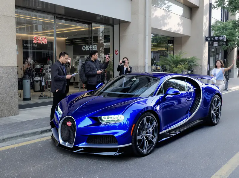 Marca de aspiradores de pó copia Bugatti e apresenta versão chinesa do Chiron Veículo elétrico chinês azul-royal, compacto, inspirado no Bugatti Chiron, exibido em um moderno showroom de eletrodomésticos, com pessoas observando e fotografando.