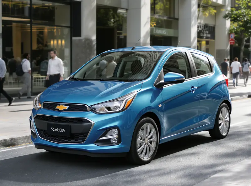 GM revela preço de elétrico: Chevrolet Spark EUV chega ao Brasil Chevrolet Spark EUV azul estacionado em rua urbana movimentada durante o dia.