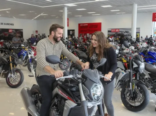 Casal e outros clientes em uma movimentada concessionária de motocicletas no Brasil, admirando diversos modelos novos de motos lançados em 2025.