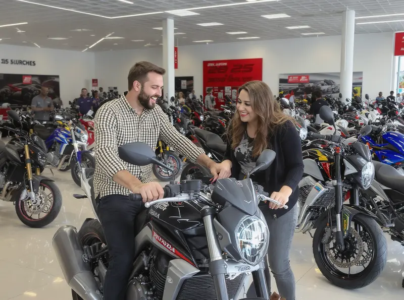 Motos: veja 18 modelos que chegam ao Brasil até o final do ano Casal e outros clientes em uma movimentada concessionária de motocicletas no Brasil, admirando diversos modelos novos de motos lançados em 2025.