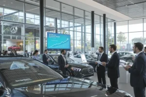 Visão interior de uma concessionária de carros alemã moderna, repleta de clientes e veículos novos.