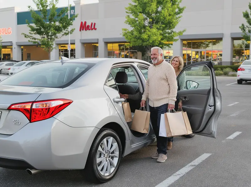 Toyota lança Corolla GLi híbrido: nova versão chega ao Brasil Casal feliz saindo de um Toyota Corolla GLi híbrido cinza em um estacionamento de shopping.