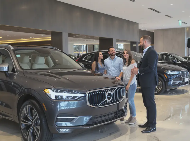 SUVs dominam segmento premium com fatia de 57,8% Família sorridente com vendedor em concessionária de luxo, olhando para um SUV de alto padrão.