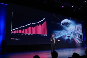 Elon Musk compra US$ 1 bilhão em ações da Tesla e movimenta mercado automotivo Elon Musk em um palco, com um telão mostrando um robô Optimus e veículos Tesla autônomos.