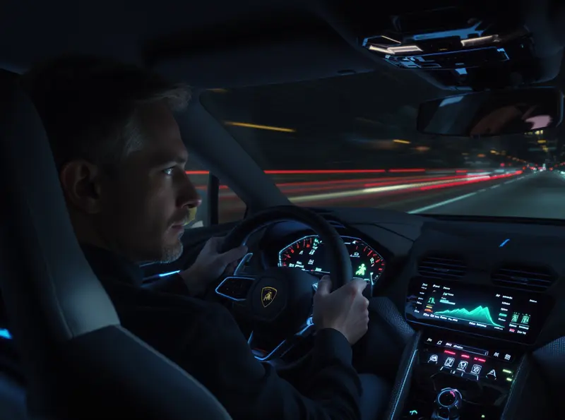Close-up de um homem dirigindo um Lamborghini à noite, com painel digital exibindo indicador de emoção.