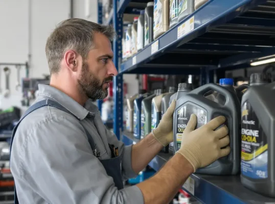 Óleo mineral, sintético ou semissintético: qual é o ideal para o seu carro? Mecânico estudando galões de óleo de motor em prateleira de oficina, com foco no rótulo.