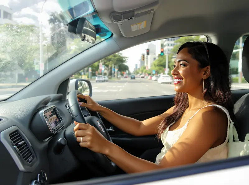 Carros compactos seminovos baratos para comprar em 2025: opções de destaque Close-up realista de mulher sorrindo em um Fiat Mobi branco, dirigindo na cidade.