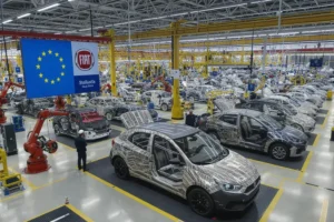 Vista aérea da linha de montagem automotiva da Stellantis em Betim, com carro compacto em produção e bandeiras Brasil-UE.