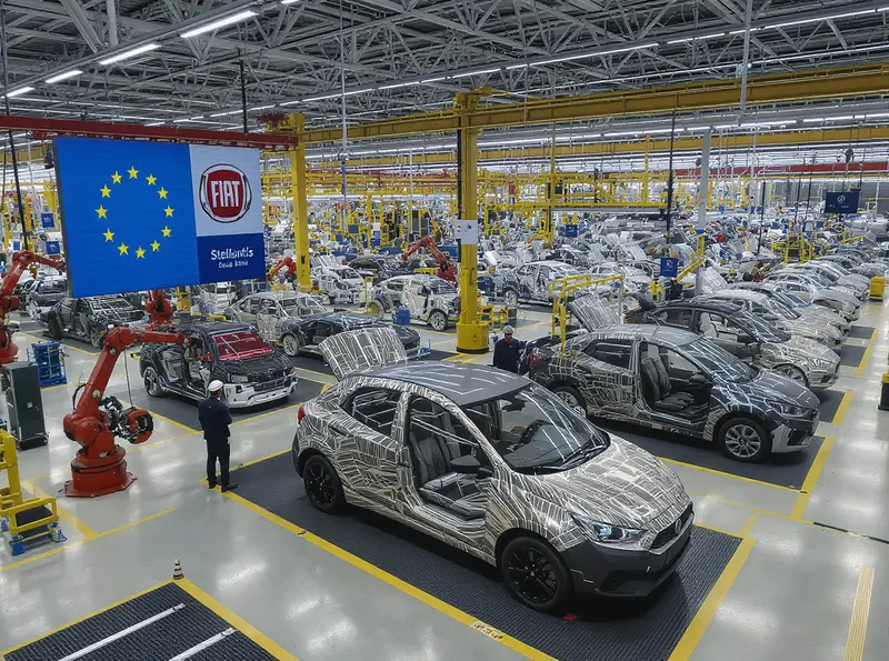 Sucessor do Argo terá motor Peugeot e mira Europa, revela Stellantis Vista aérea da linha de montagem automotiva da Stellantis em Betim, com carro compacto em produção e bandeiras Brasil-UE.