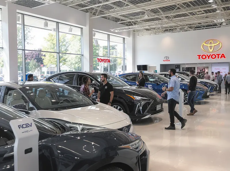 Toyota supera marca de 6 milhões de veículos eletrificados vendidos Showroom Toyota movimentado com vários modelos eletrificados e pessoas interagindo com os carros.