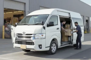 Toyota Hiace, van branca de 15 lugares, estacionada em centro de distribuição com funcionários.