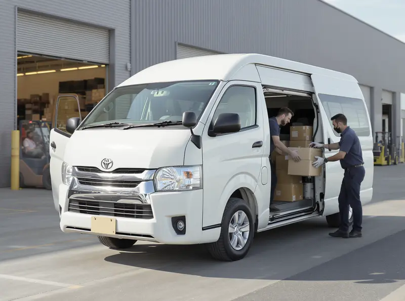 Toyota Hiace chega ao Brasil: Van parte de R$ 364.990 Toyota Hiace, van branca de 15 lugares, estacionada em centro de distribuição com funcionários.