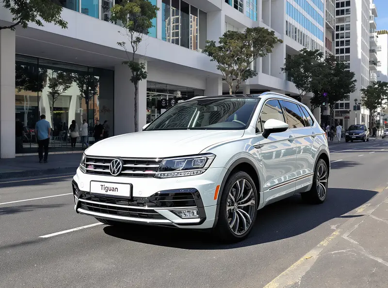SUV Volkswagen Tiguan 2026 branco em rua arborizada de cidade com prédios modernos.