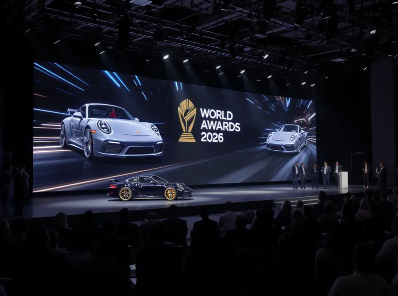 Público atento a um Porsche 911 Carrera GTS em palco de premiação de carros.