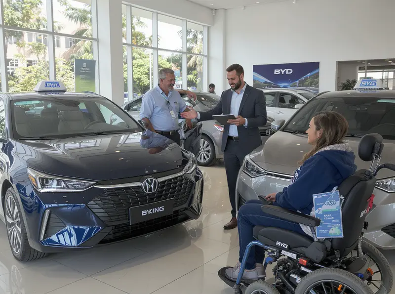 BYD King e Song Pro têm descontos de até R$ 57 mil para taxistas e PCD Um taxista e uma mulher em cadeira de rodas, ambos sorrindo, em uma concessionária BYD, observando os modelos King e Song Pro, com um vendedor explicando os benefícios.