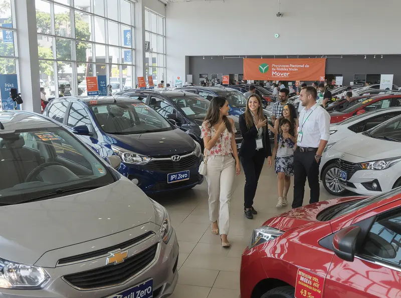 Pessoas em uma concessionária; carros populares como Onix e HB20 com adesivos de 'IPI Zero'.