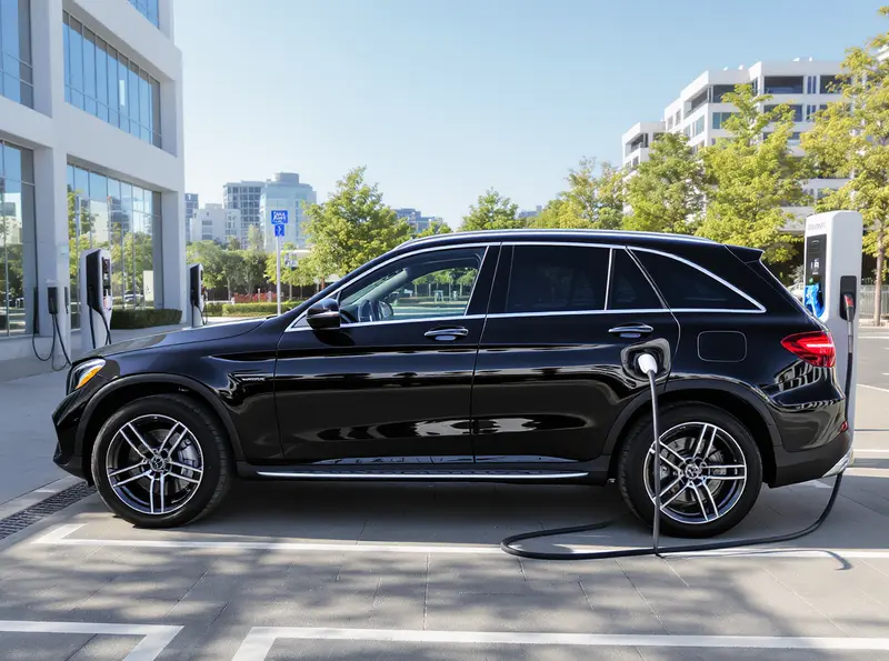 Mercedes-Benz GLC 350e plug-in hybrid: autonomia elétrica de destaque Mercedes-Benz GLC 350e preto híbrido plug-in durante a recarga em estação rápida.