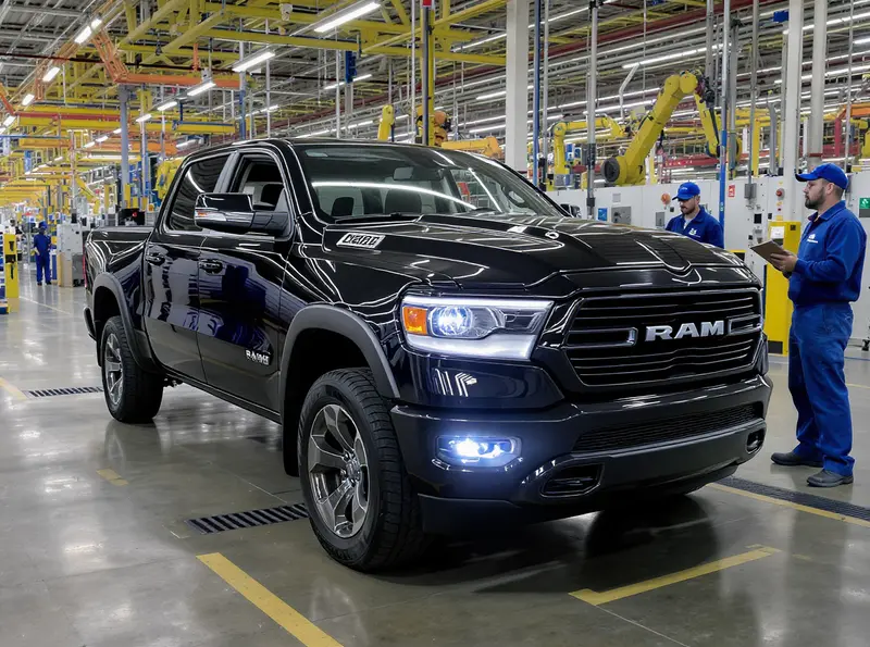 Ram Dakota: picape estadunidense começa a ser produzida na Argentina pela Stellantis Ram Dakota preta na linha de montagem da fábrica de Córdoba, Argentina, com trabalhadores inspecionando.
