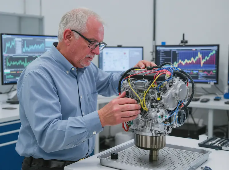 Motor a combustão ainda tem vida longa: Tendências e perspectivas para o futuro Engenheiro observando atentamente um motor de combustão moderno em laboratório.