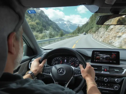 Homem dirigindo carro automático em serra, com foco na técnica de freio motor.