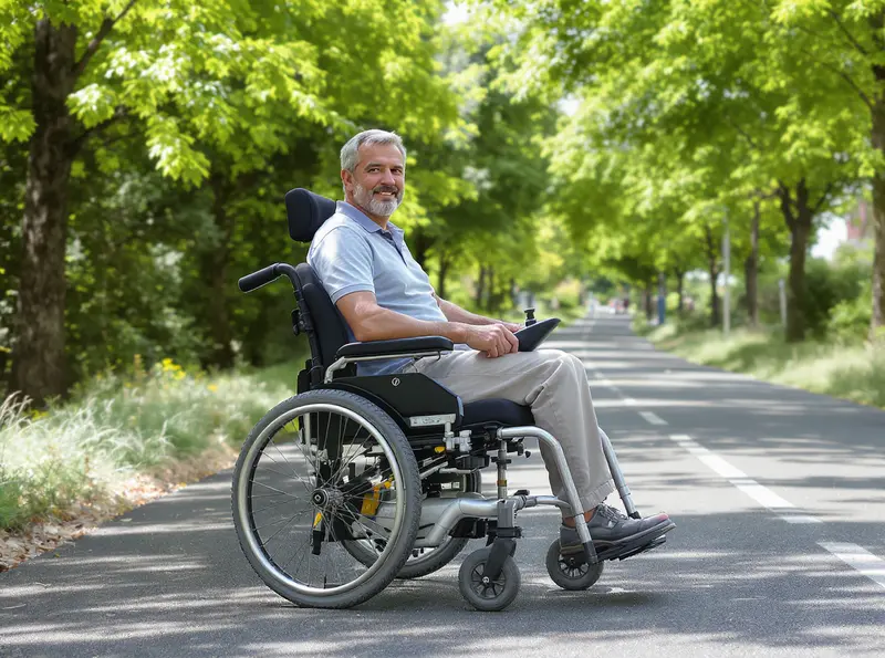 Homem em cadeira de rodas motorizada sorri em uma ciclovia sob o sol matinal.